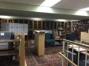 The Rare Book Room collections being packed and moved into storage in preparation for the renovation.